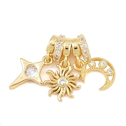 Настоящее золото 18K Латунные микропаве прозрачные подвески с фианитом, звезда с подвесками в виде солнца и луны, без кадмия и без свинца, стойки покрытие, долговечный, реальный 18 k позолоченный, 17 мм, отверстие : 2.5x1.5 мм, звезды: 7x5x2.5 mm, ВС: 10x8x1.5 mm, Луна: 10x7x2 мм