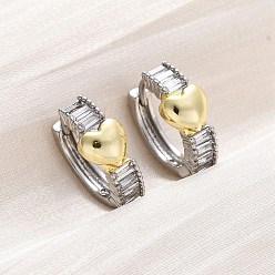 Сердце Латунные серьги-кольца из прозрачного кубического циркония, долговечный, без свинца и без кадмия, реальный 18 k позолоченный, сердце, 15.5x17x6.5 мм