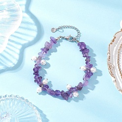 Аметист Браслеты из круглых бусин с натуральным аметистом и стеклянными ракушками, с 304 фурнитурой из нержавеющей стали, 7-1/2 дюйм (19 см)