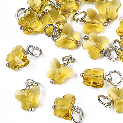 Yellow Faceted Transparent Glass Charms, with Iron Jump Ring, Butterfly, Yellow, 13~14x9.8x6mm, Hole: 4mm