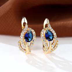 Синий Латунные микро проложить серьги обруча кубического циркония, слеза, золотой свет, синие, 16x7 мм