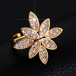 Golden Messing Micro Pave Zirkonia Manschette offene Ringe, Blume, golden, 18 mm
