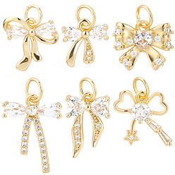 Настоящее золото 18K 18шт 6 стили подвески из латуни с микропаве из прозрачного кубического циркония, бантом, долговечный, с прыжковых колец, без свинца и без кадмия, реальный 18 k позолоченный, 10~16x9~12.5x2.5~3.5 мм, отверстие : 3 мм, 3 шт / стиль
