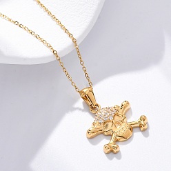 Золотой 304 ожерелья с подвеской в виде черепа из нержавеющей стали и стразами, золотые, 17.72 дюйм (45 см), Кулон : 19x19 мм