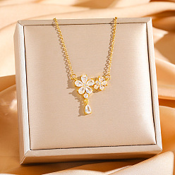 Золотой Подвеска в виде цветка из латуни с прозрачными кубическими циркониями 304 Цепочка из нержавеющей стали для женщин, золотые, 17.72 дюйм (45 см)