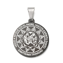 Black Religion 304 Stainless Steel Pendants, with 201 Stainless Steel Bails, Flat Round Charms, Black, 28x25x2.5mm, Hole: 9x4mm