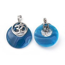 Полосатый Агат Натуральные полосатые агатовые / полосатые агатовые подвески, с латунной фурнитурой платинового цвета, плоский круглый с символом ом, окрашенная и подогревом, 32~32.5x28x7~7.5 мм, отверстие : 5x8 мм