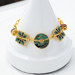 Темный Голубой Браслеты-цепочки из латуни с эмалью, браслеты-цепочки для женщин, плоский круглый и ромб, золотые, темные голубые, 9-1/8 дюйм (23 см)
