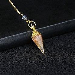 Quartz Resin Cone Dowsing Pendulums, Natural Quartz Chip inside and Metal Findings Charm, 380mm