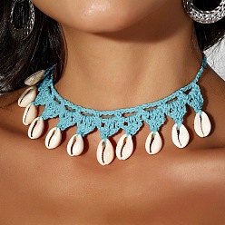 Небесно-голубой Ожерелья-чокеры ручной работы из полиэстерового шнура в стиле бохо с кисточками из натуральных ракушек каури для женщин, голубой, 15.75~23.62 дюйм (40~60 см)