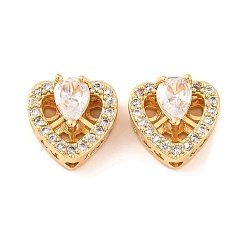 Настоящее золото 18K Латунные микропаве из прозрачного кубического циркония, без кадмия, без никеля и без свинца, сердце, реальный 18 k позолоченный, 12x13x7 мм, отверстие : 1.8 мм