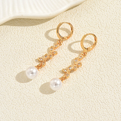 Цветок Латунь Leverback серьги, с имитацией жемчуга, реальный 18 k позолоченный, цветок, 45 мм