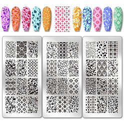 Цветок Шаблоны для нейл-арта своими руками из нержавеющей стали, шаблонный инструмент, прямоугольные, цветочный, 12x6 см, 3 шт / комплект