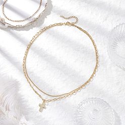 Золотой Ожерелья-крестики из латуни с прозрачным фианитом и прозрачным фианитом, латунная цепочка-скрепка и 304 двухслойные цепочки из шариков из нержавеющей стали для женщин, золотые, 15.83 дюйм (40.2 см)