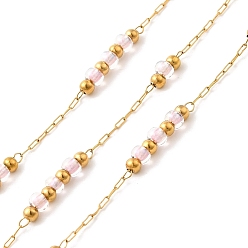 Pink Ручная работа 304 цепи из нержавеющей стали и стеклянных бусин, пайки, с 316 цепью и катушкой из нержавеющей стали, ионное покрытие (ip), розовые, Ссылки по теме: 13x3 мм и 5x3 мм