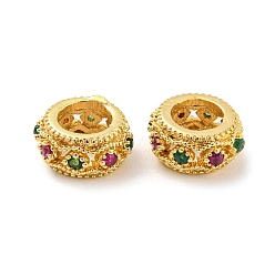 Золотой Реечное покрытие латунь микро паве кубический цирконий европейские бусины, бусины с большим отверстием, плоско-круглые, без свинца и без кадмия, золотые, 7.5x4 мм, отверстие : 4 мм