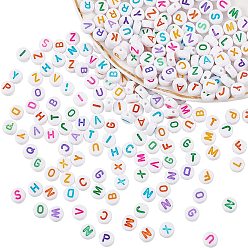 Mixed Color Alphabet Acrylic Beads, Flat Round, Mixed Color, Mixed Color, 125x125x35mm, Diameter: 7 mm, Thick: 3.5~4mm, Hole: 1.2mm, 1300pcs/box