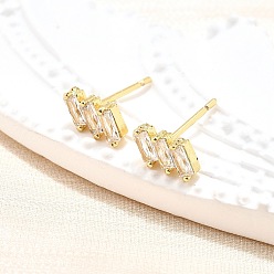 Настоящее золото 18K Тройные прямоугольные серьги-гвоздики из прозрачного кубического циркония, украшения из латуни для женщин, долговечный, без свинца и без кадмия, реальный 18 k позолоченный, 9x5 мм, штифты : 0.8 мм