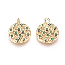 Зеленый Латунные микро проложить кубического циркония подвески, плоско-круглые, золотые, зелёные, 15x12x2 мм, отверстие : 1.5 мм