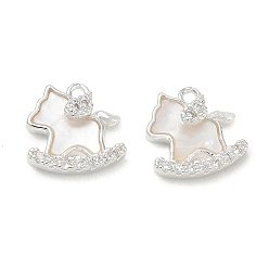 Silver Brass Micro Pave Clear Cubic Zirconia & Natural Shell Charms, Rocking Horse Charms, Silver, 11.5x12.5x4.5mm, Hole: 1.4mm