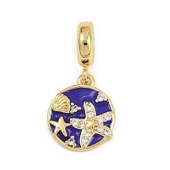 Морская звезда Латунь микропаве прозрачный кубический цирконий европейские подвески с подвесками, подвески с большими отверстиями из сланцево-голубой эмали, реальный 18 k позолоченный, морская звезда, 23.5 мм, отверстие : 4.8 мм, Кулон : 14x12x2 мм