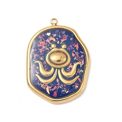 Purple 304 Stainless Steel Epoxy Resin with Natural Shell and Sequins Inside Pendants, Oval with Fish Charms, Real 18K Gold Plated, PVD Vacuum Plating, Purple, 28x20x2mm, Hole: 1.6mm