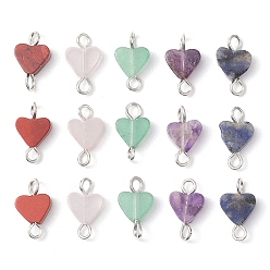 Платина Подвески-коннекторы из натурального зеленого авантюрина/аметиста/розового кварца/содалита/красной яшмы, сердечные звенья с медной проволокой, двойные петли, платина, 12.5x7.5x3 мм, отверстие : 2~2.5 мм
