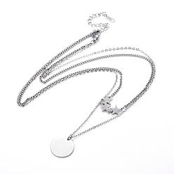 Stainless Steel Color Non-Tarnish 304 Stainless Steel Double Layer Necklaces, with Lobster Claw Clasps, Flat Round with Star, Stainless Steel Color, 16.2 inch(41.3cm), 1~2mm