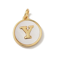 Letter Y Латунный паве натуральный ракушка плоский круглый с буквенными подвесками, реальный 18 k позолоченный, долговечный, без свинца и без кадмия, стойки покрытие, цвет морской раковины, Письмо Y, 15x13x2 мм, отверстие : 3 мм