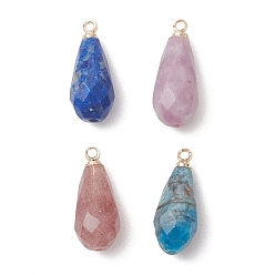 Смешанные камни Подвески из натурального клубничного кварца, апатита, лазурита и лепидолита/фиолетовой слюды., Граненые подвески в форме капли с латунными креплениями, золотые, 19~20x8 мм, отверстие : 1.5 мм