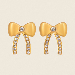 Настоящее золото 18K 304 серьги-гвоздики из нержавеющей стали с бантом, со стразами, реальный 18 k позолоченный, 23x20 мм