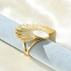 Настоящее золото 18K Цветок 304 перстни из нержавеющей стали с белой ракушкой для женщин, ионное покрытие (ip), реальный 18 k позолоченный, 26.5x40 мм, внутренний диаметр: 17 мм