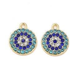 Turquoise Golden Alloy Pendants, with Rhinestone, Long-Lasting Plated, Flat Round with Evil Eye, Turquoise, 19x16x2.5mm, Hole: 2mm