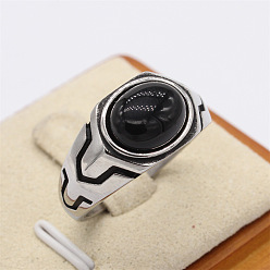 Черный Камень 316Мужские кольца из хирургической нержавеющей стали и натурального черного камня, овальные, античное серебро, размер США 9 (18.9 мм)