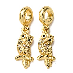 Золотой Латунные подвески в виде совы из прозрачных и черных кубических цирконий, Подвески с большими отверстиями, стойки покрытие, долговечный, без кадмия и без свинца, золотые, 23.5 мм, отверстие : 4 мм