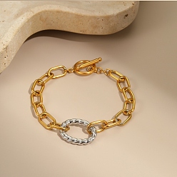 Настоящее золото 18K Двухцветные 304 браслеты из нержавеющей стали с цепочкой, Браслеты с овальными звеньями для женщин, реальный 18 k позолоченный, 7.99 дюйм (20.3 см), ссылка: 13.5x8x2мм и 24x17.5x3.5мм