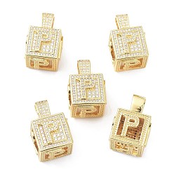 Letter P Кулоны из латуни с микропейвом и прозрачным фианитом, реальный 18 k позолоченный, куб с письмом, letter.p, 26x17x17 мм, отверстие : 5x8 мм
