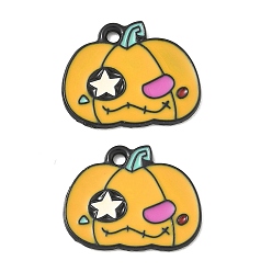 Gold Halloween Alloy Enamel Pendants, Pumpkin Charms, Black, Gold, 16.5x20x1mm, Hole: 1.6mm