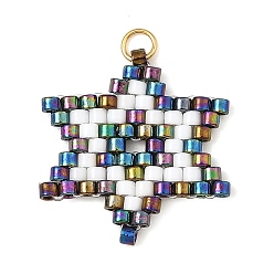 Farbig Glasperlen Anhänger, Sterne-Charme, mit offenen Biegeringen aus 304 Edelstahl, Farbig, 21x20x2 mm, Bohrung: 2.7 mm