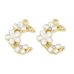 Blanco Aleación con colgantes de esmalte, con diamantes de imitación de cristal y perlas de imitación de plástico abs, dijes de luna y flores, larga duración plateado, chapado en rack, dorado, blanco, 18.5x15x3.5 mm, agujero: 1.7 mm