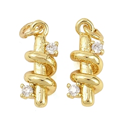 Настоящее золото 18K Латунные микропаве прозрачные подвески с фианитом, амулеты в виде змеиных колонн, реальный 18 k позолоченный, 14x5.5x5 мм, отверстие : 2.5 мм