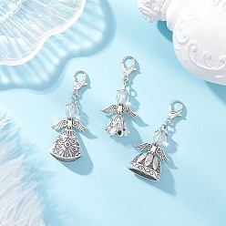 Античный Серебристый & Платиновый 3 шт. подвесные украшения в виде ангела из сплава и стекла в тибетском стиле, с карабин-лобстерами , старинное серебро и платина, 48~54 мм