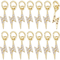 Настоящее золото 18K 14 шт., латунное покрытие, микропаве, прозрачные подвески из кубического циркония, с целью перехода в кольце, долговечный, без свинца и без кадмия, молния, реальный 18 k позолоченный, 14x5.5x2.5 мм, отверстие : 3 мм