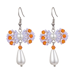 Лиловый Серьги-бантики из стеклянных и акриловых бусин ручной работы, платина, сирень, 52x25.5 мм