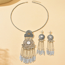Античное Серебро Винтажный ювелирный набор с подвеской в виде цветка и зеркала из сплава, Богемное колье и серьги с кисточками для женщин, античное серебро, ожерелья: 19.69 дюйм (50 см)