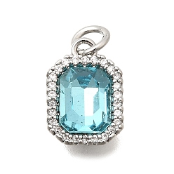 Небесно-голубой Латунь стекло кулоны, прямоугольный шарм, с кубическим цирконием и прыгающим кольцом, граненые, платина, голубой, 13.5x9x5 мм, отверстие : 3 мм