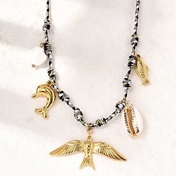 Птица Летний пляж 304 Женские подвески из нержавеющей стали и натуральных ракушек с гальваническим покрытием, регулируемые шнуры из полиэстера, с керамикой, искусственным жемчугом и стеклом, реальный 18 k позолоченный, птица, 23.23 дюйм (59 см)