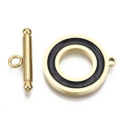 Black 201 Stainless Steel Toggle Clasps, with Enamel, Ring, Real 18K Gold Plated, Black, Ring: 22x20x2mm, Hole: 1.5mm, Bar: 21x7x3mm, Hole: 2mm