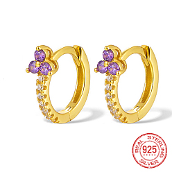 Темно-Фиолетовый Серьги-кольца из настоящего серебра 18k с золотым покрытием 925 из стерлингового серебра с микропаве циркония, клевер, темно-фиолетовый, 12x10x1 мм