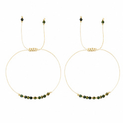 Natural Gemstone Summer Adjustable Natural Green Gemstone Faceted Round Braided Bead Bracelets for Women, Adjustable Stackable Bracelets with Brass Beads, Golden, 11.02 inch(28cm), 2pcs/set